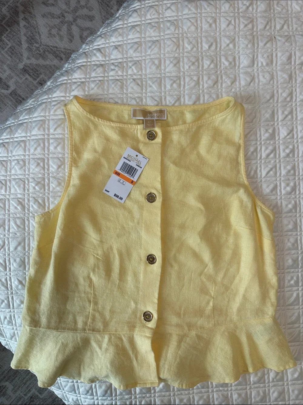 Michael Kors Collection Light Yellow Button-Front Peplum Tank